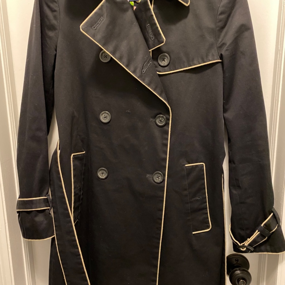 Gap Cotton Trench Coat Black W/Tan Piping XS - Picture 2 of 5